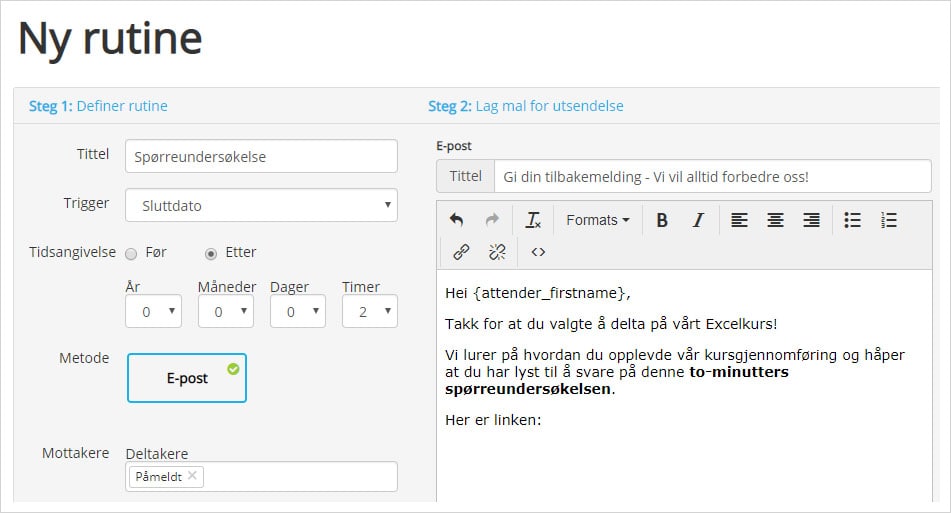 Send ut rutineutsendelse for kurs