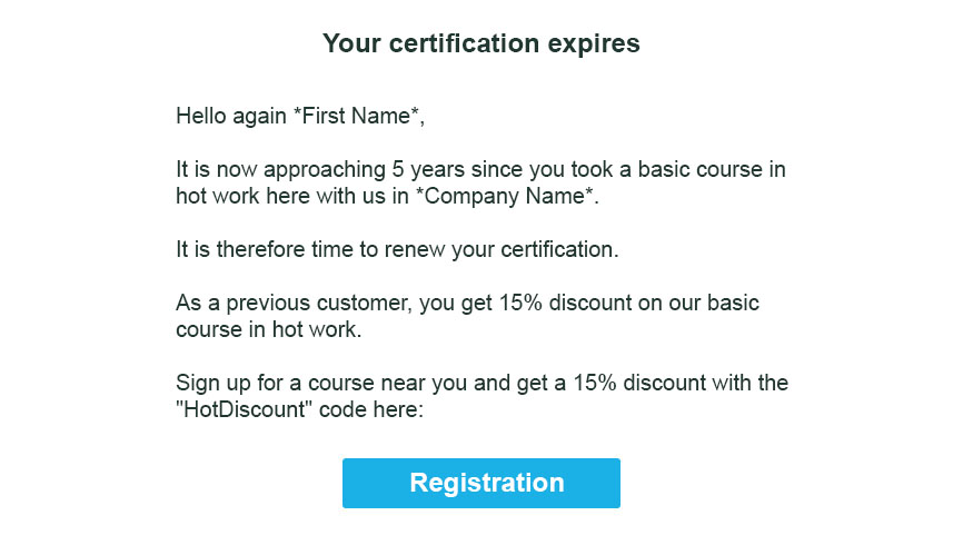 Email with discount code when certification expires