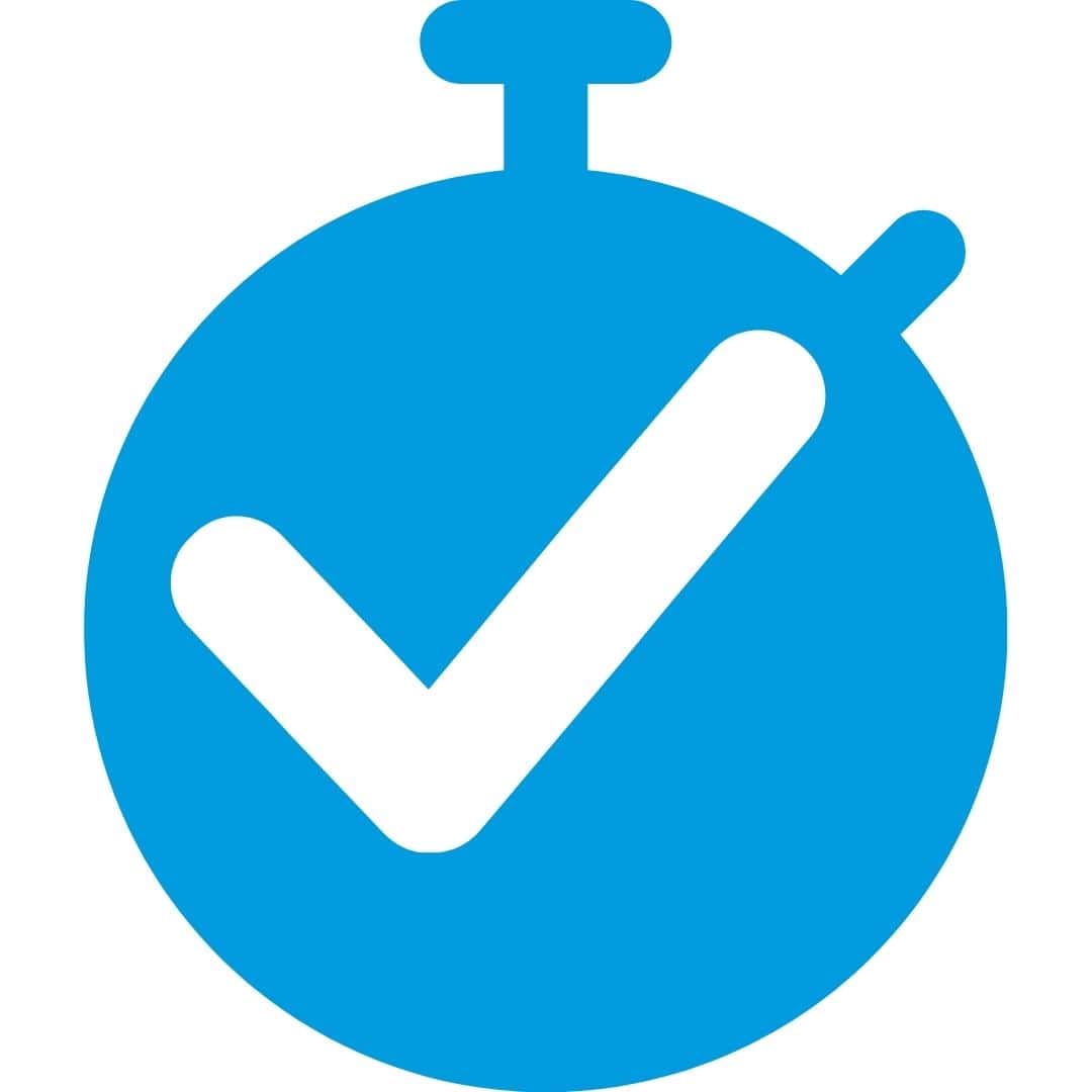 Time-saving icon with a checkmark, showcasing the efficiency and improved customer satisfaction provided by the Customer management module.