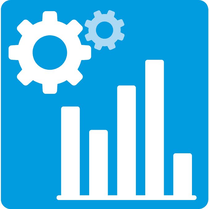 Data-driven decision-making icon featuring a bar chart and gear symbol, representing efficient resource allocation and strategic planning in a training business.