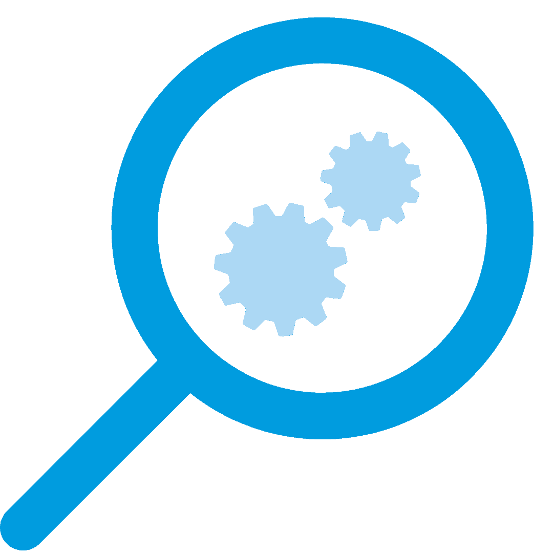 Gears with magnifying glass icon symbolizing comprehensive, user-friendly features for GDPR compliance management in training services