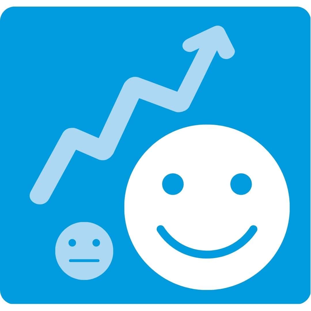 Happy customer with upward growth arrow, symbolizing increased customer success through the Customer management module