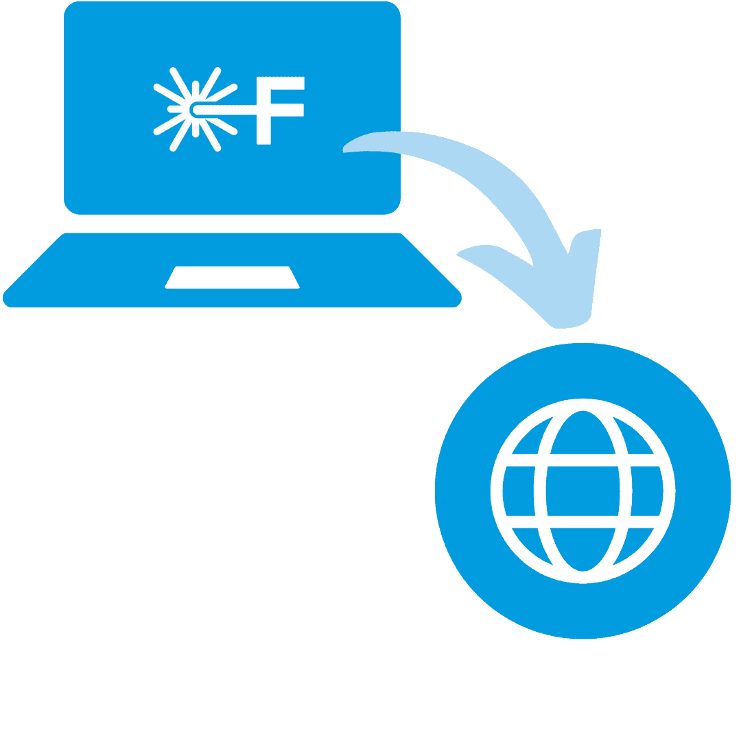 Icon of a globe with an arrow pointing from a computer symbolizing FrontCore's streamlined course publishing from the training management system to the website.