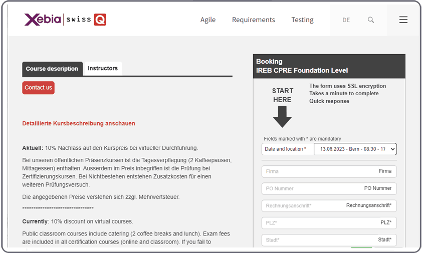 A screenshot of how the FrontCore booking solution looks like on SwissQ's webiste, showing how the design of the course booking form is matching their brand