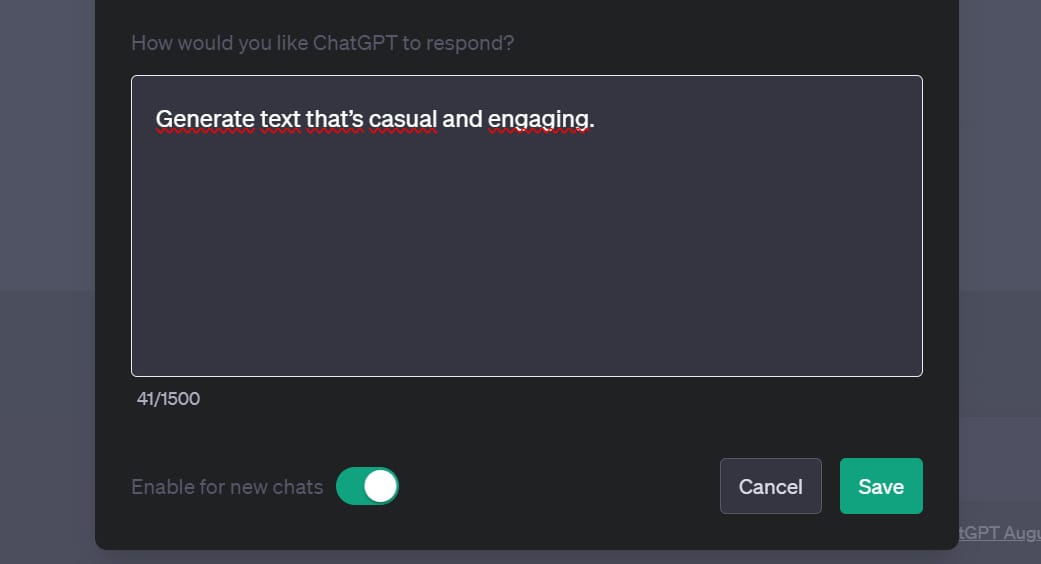 Screenshot of a ChatGPT-4 Custom Instruction Example