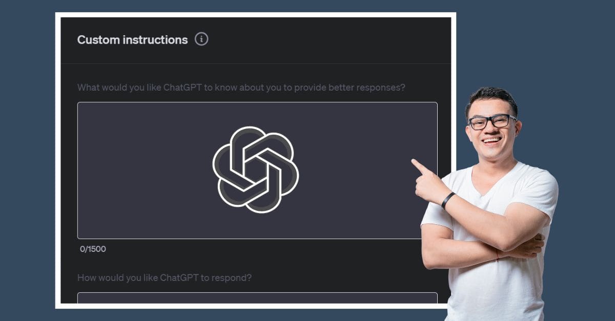 "Man pointing at ChatGPT-4 Custom Instructions feature screenshot, with ChatGPT logo overlay, for training providers guide