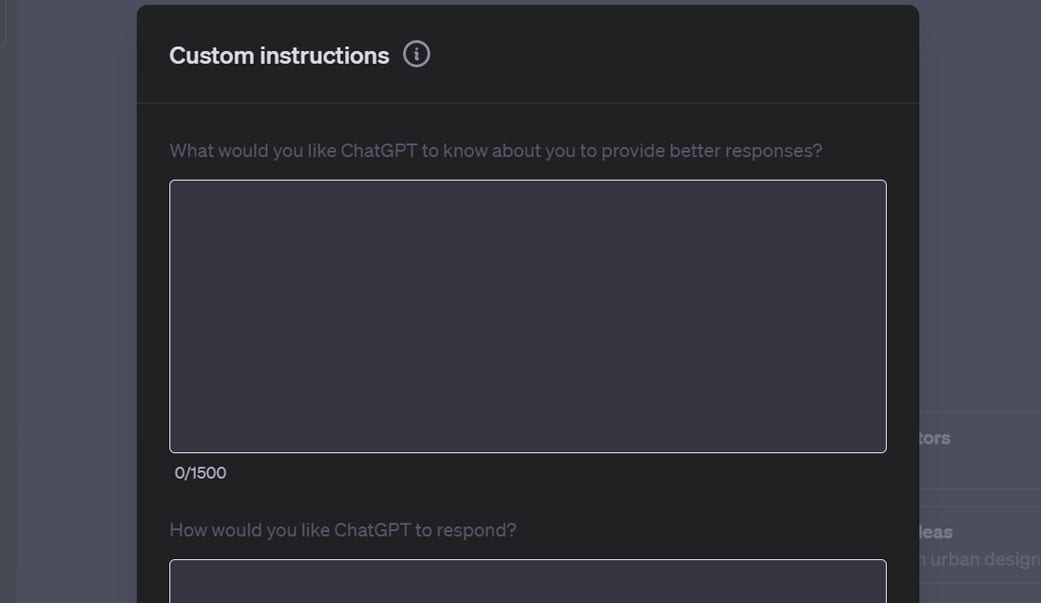 A screenshot of the empty Custom Instructions fields in ChatGPT-4