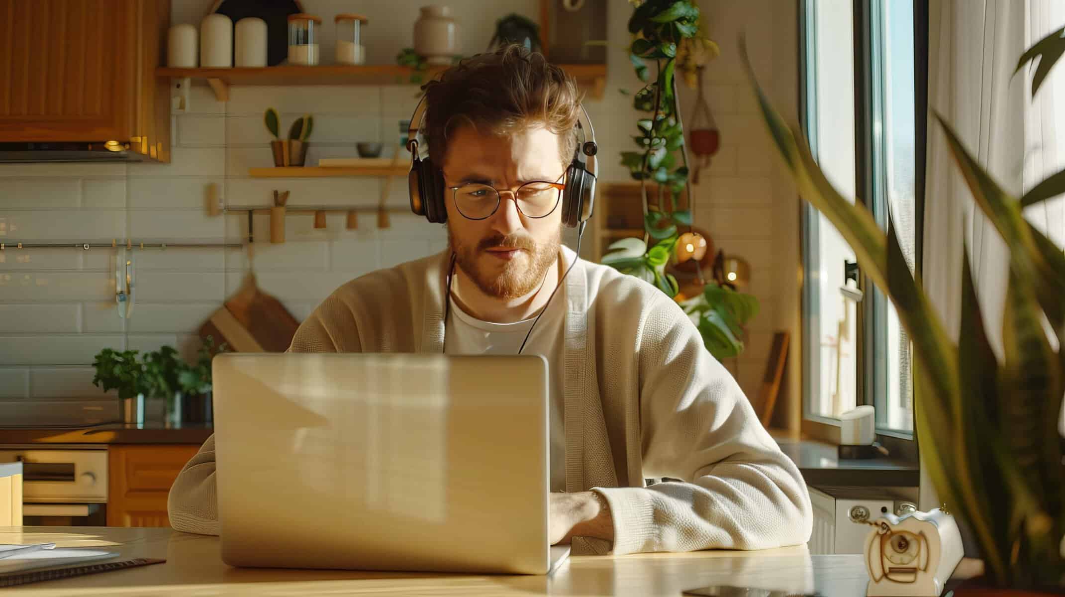 Man sitting in front of his computer in the kitchen.