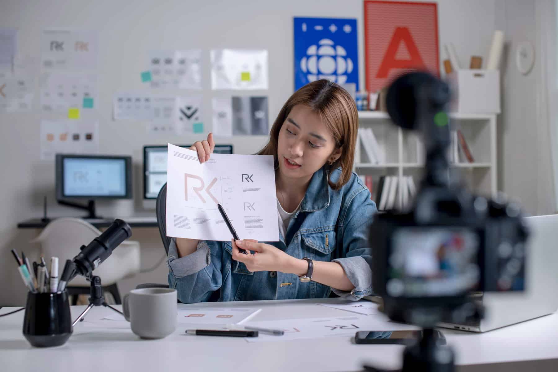 Woman filming herself while explaining a concept.