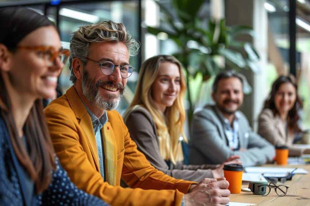 Smiling man is sitting at a table surrounded by his colleagues.