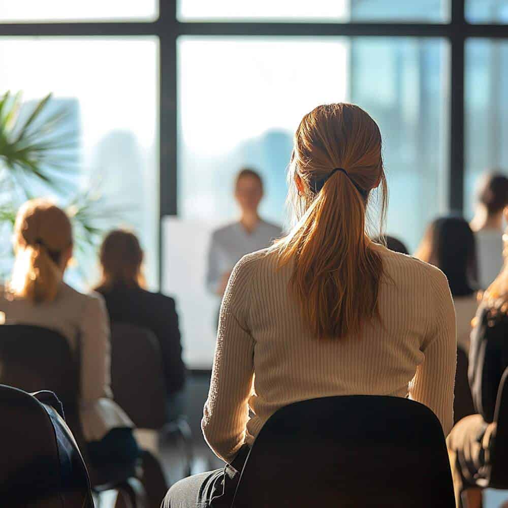 The back of a woman sitting in a chair listening to a presentation. 