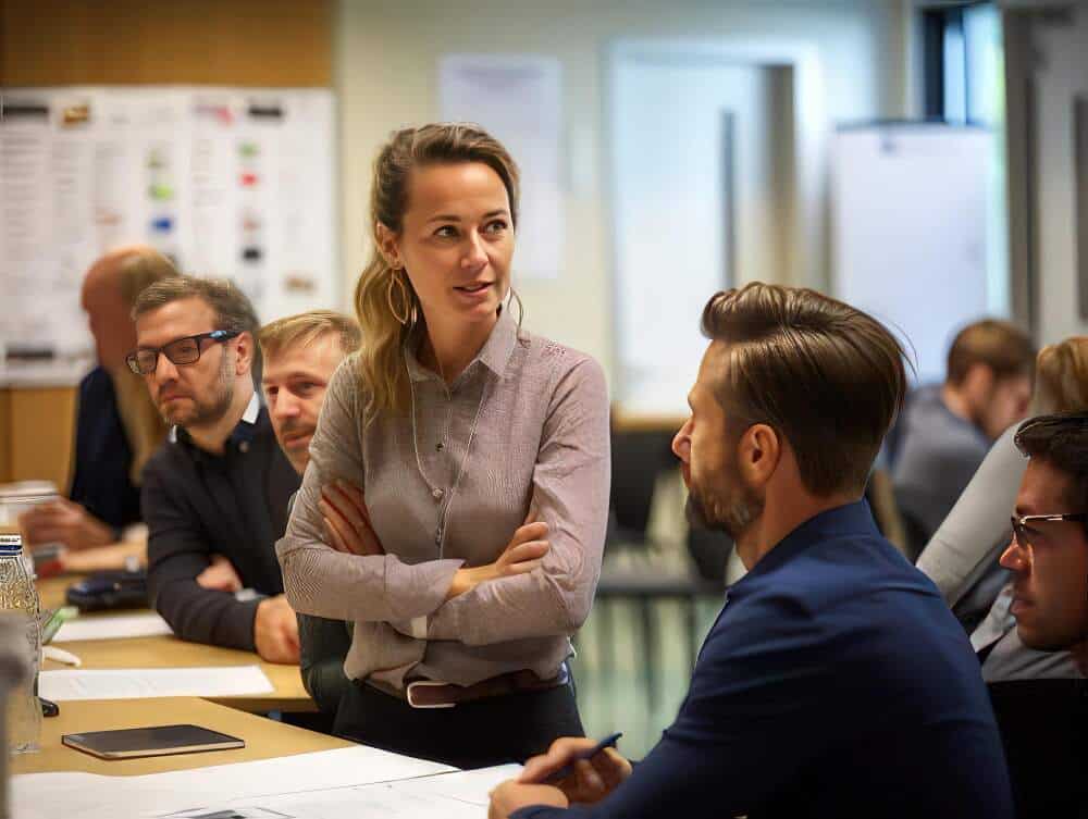 Woman with crossed arms standing among sitting men. 