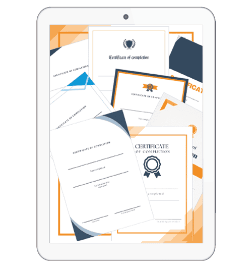 A tablet displaying multiple customizable course completion certificate templates, ideal for training providers to certify participants achievements.