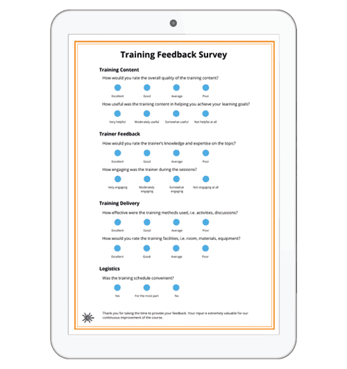 Pad displaying a training survey template with sections on training content, trainer feedback, training delivery, and logistics.