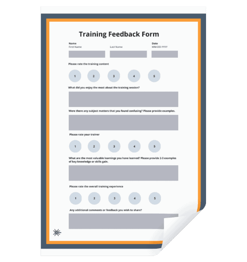 Printed training feedback form with rating scales and open-ended questions, featuring a bordered layout on paper.