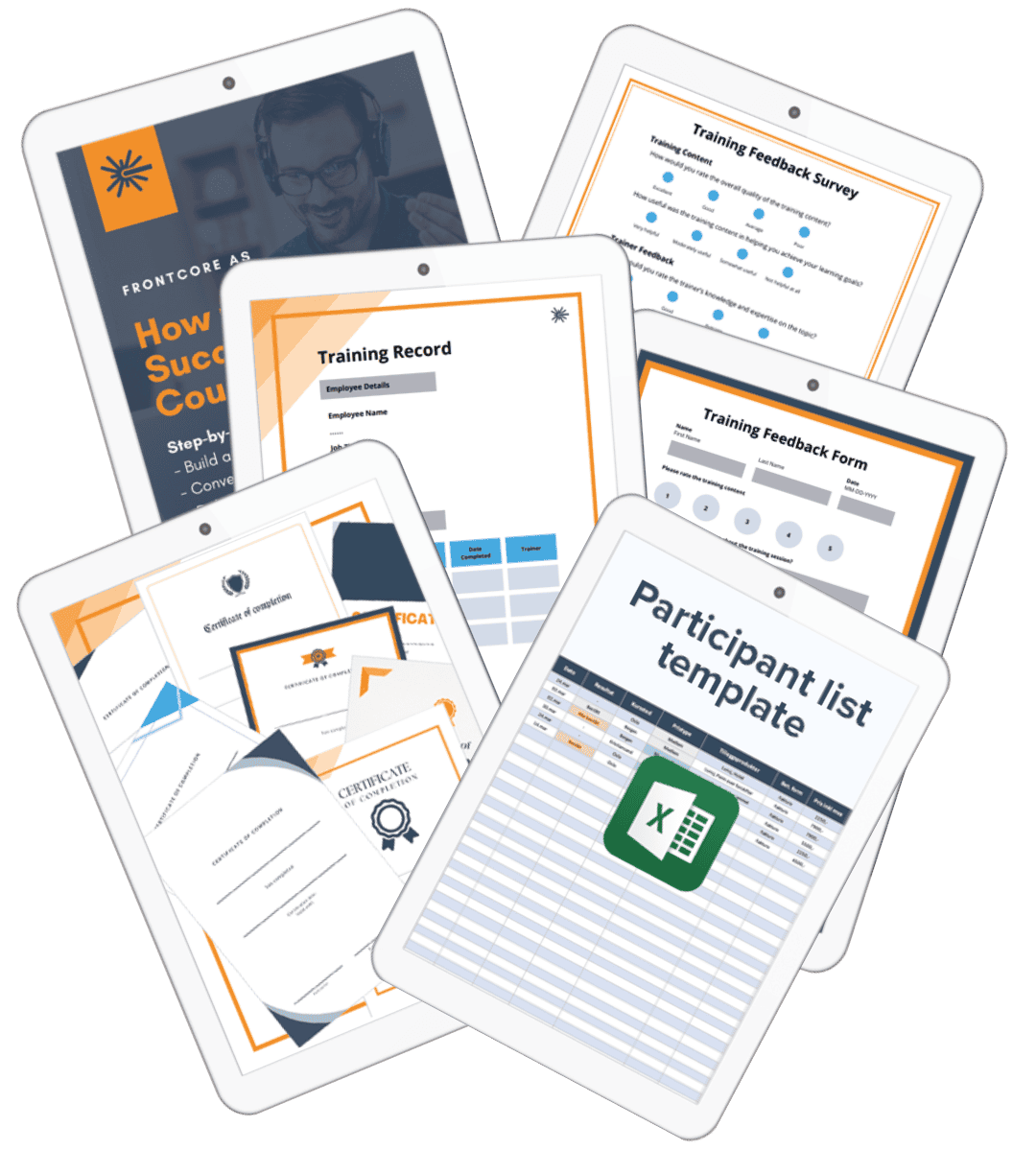 A collection of training and learning resources displayed on iPads, including templates for participant lists, certificates, training records, feedback forms, and a guide for creating successful courses.