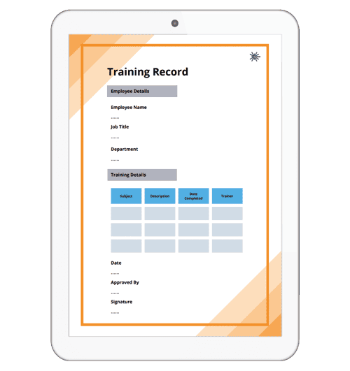  digital training record template displayed on a white iPad, featuring sections for employee details, job title, department, training subject, description, completion date, trainer name, approval, and signature.