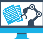 A computer screen featuring a robotic arm interacting with a document, symbolizing automation within a learning management system.