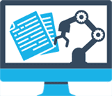 A computer screen featuring a robotic arm interacting with a document, symbolizing automation within a learning management system.