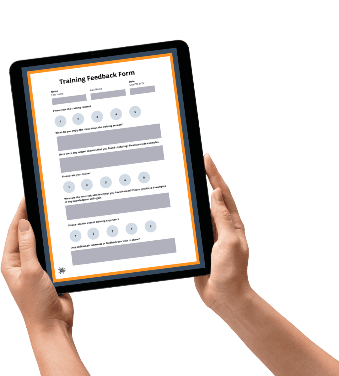 Hands with an ipad showing a training feedback form template