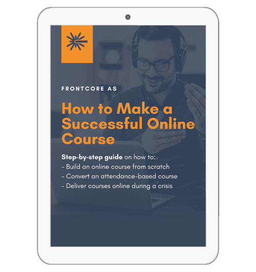 Tablet showing FrontCore guide: "How to Make a Successful Online Course."