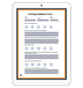 Tablet displaying a structured Training Feedback Form with rating scales and comment fields.