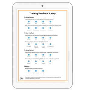 Hands holding a tablet showing a detailed Training Feedback Survey covering content, trainer, and logistics.