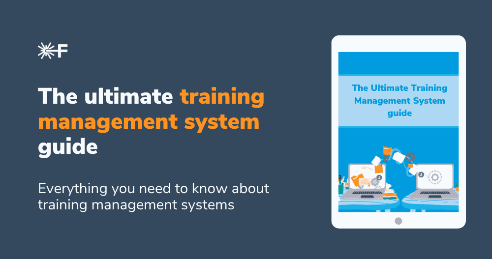Tablet displaying "The Ultimate Training Management System Guide" with illustrated laptops, alongside text explaining it covers everything you need to know about training management systems.