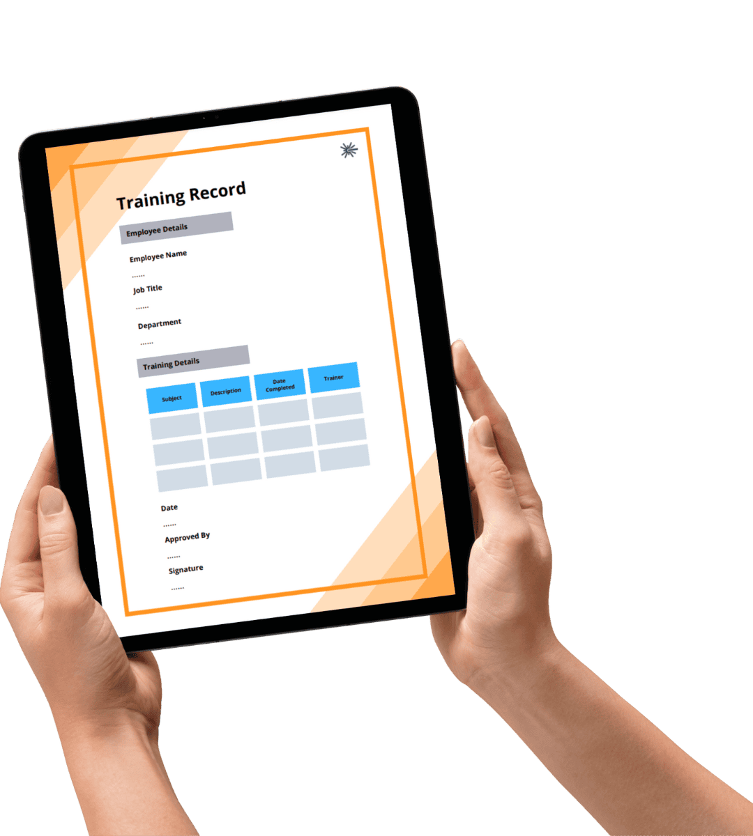 Person holding a tablet displaying a digital training record form with employee and training details. 