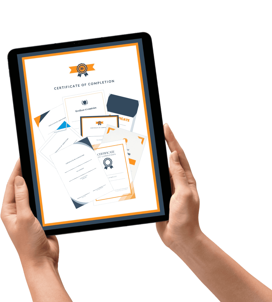 Hands holding a tablet showing multiple certificate of completion templates.