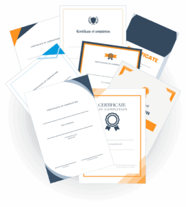 Assorted course certificate of completion templates in various modern designs.