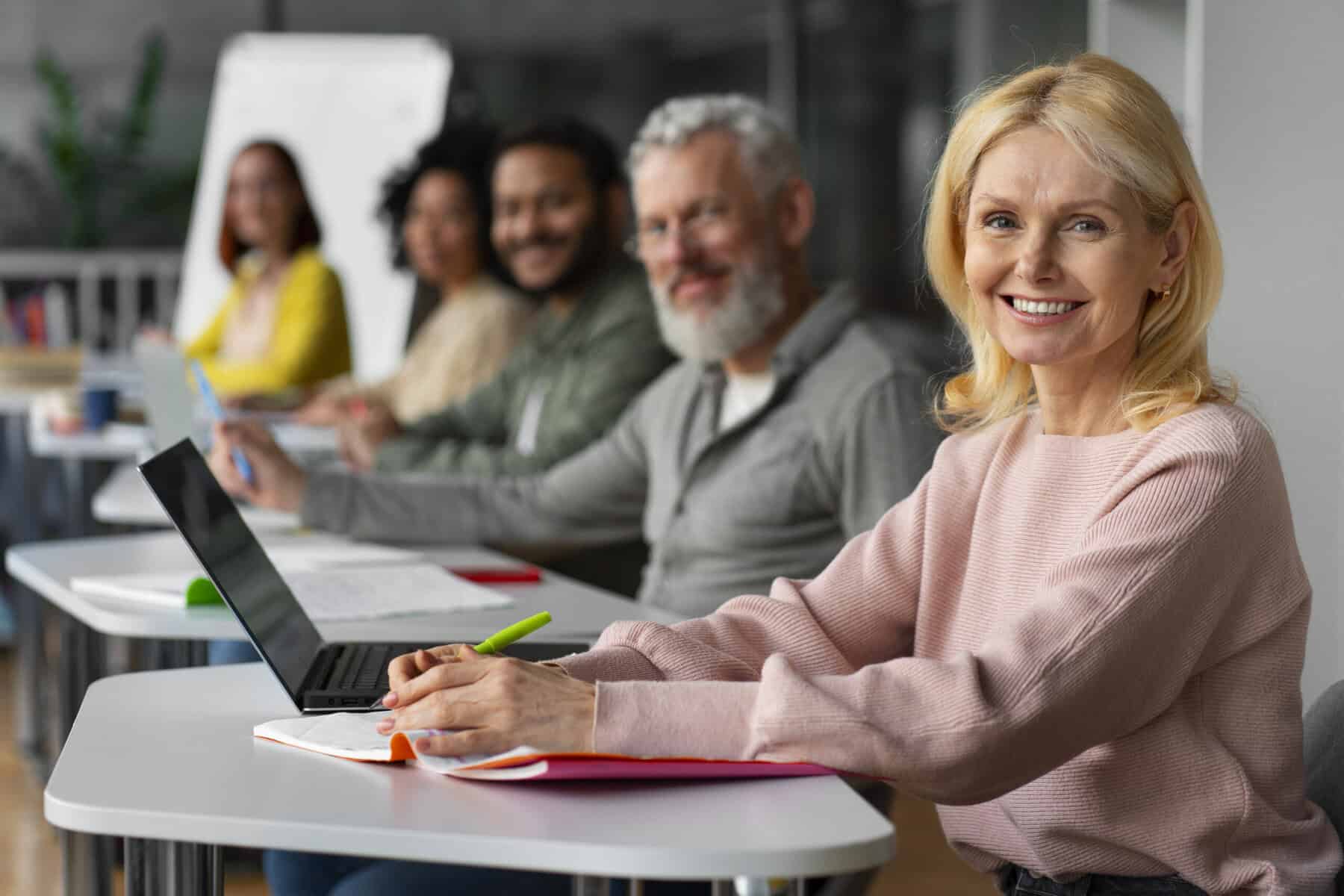 Smiling adult learner in classroom training, sitting with peers and using laptop
