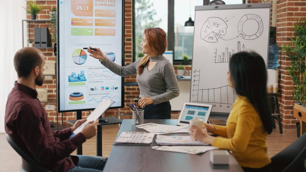 Team presentation showing lead generation analytics on a screen and flipchart during a strategy meeting