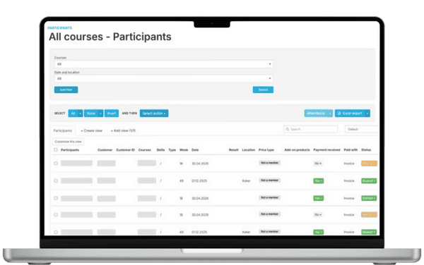 Open laptop displaying the FrontCore participant list with customer details, course dates, payment and booking status, used by associations to track attendance.
