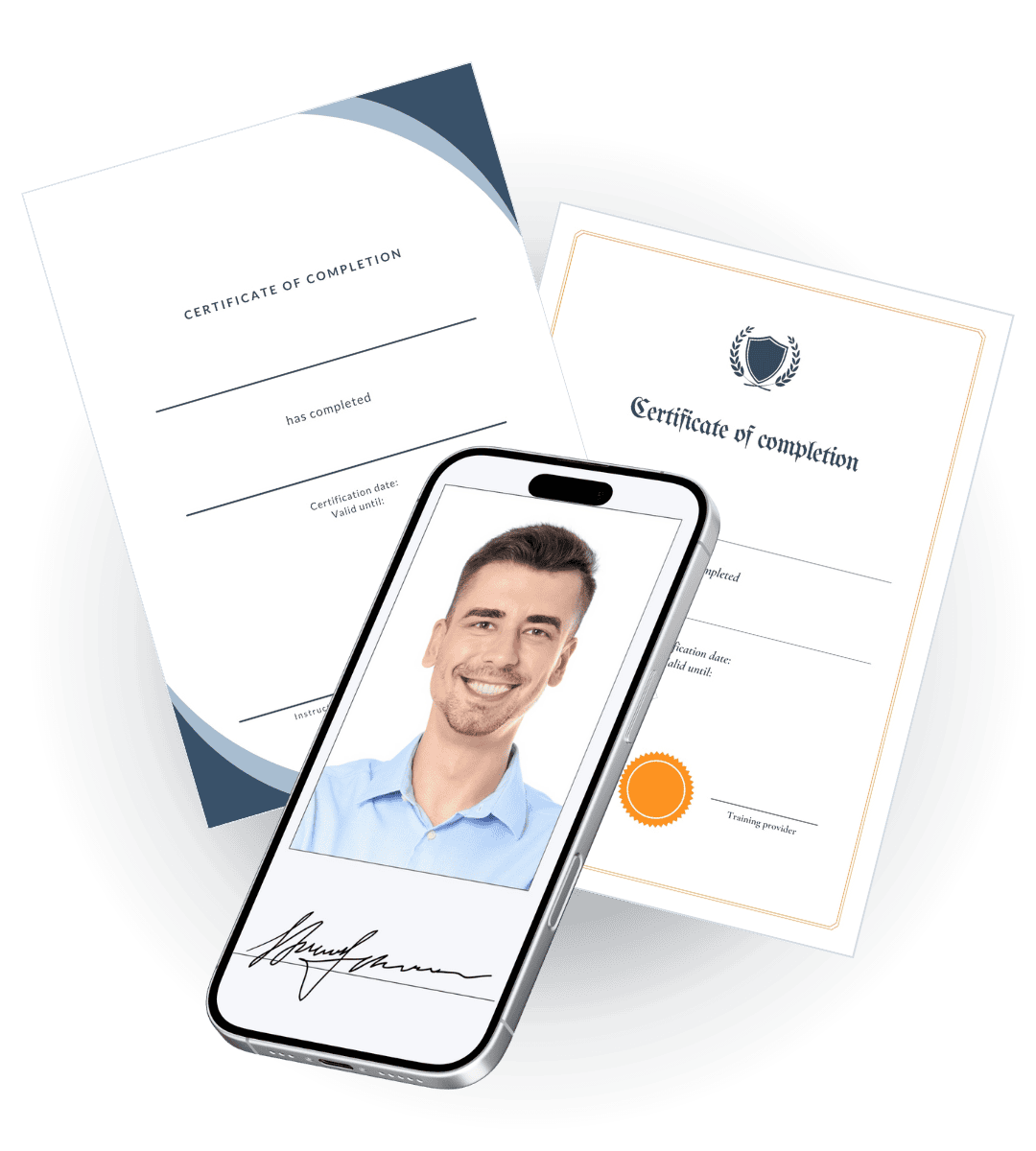 FrontCore certificate issuing for maritime courses showing two certificate templates and a smartphone with a participant photo and electronic signature.