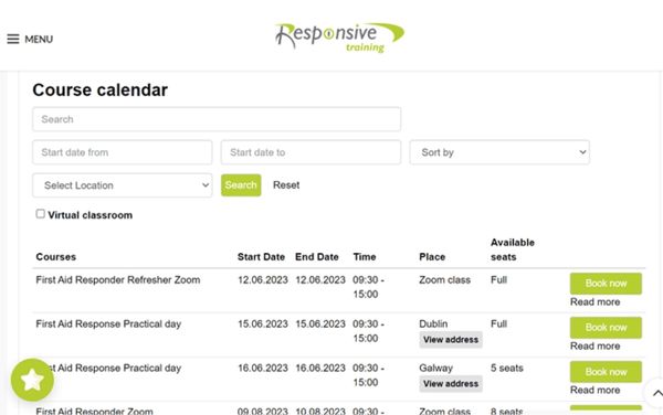 Example of a course calendar with online registration Website course calendar showing filters, a list of upcoming classes with dates, places, seat availability and Book now buttons for easy self registration.