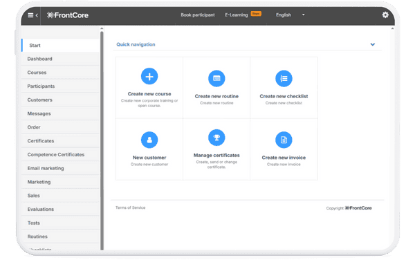 Tablet view of the FrontCore TMS dashboard with quick actions such as Create new course, Create new routine, Manage certificates and Create new invoice for construction training.