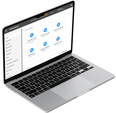 Laptop screen showing FrontCore training management system for maritime training providers