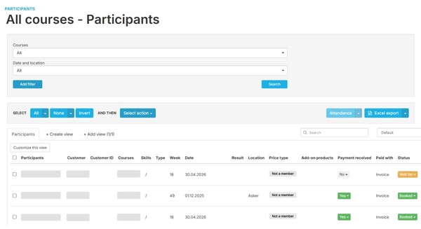 Participant list example in FrontCore TMS FrontCore participant list for maritime courses showing attendees, dates, payment and booking status.