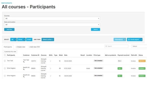 Participant overview in FrontCore Training management system for construction training rontCore All courses Participants view for construction training with filters and a table showing customers, course dates, payment received and booking status.