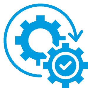 Two interlocking cogs with a circular arrow and a tick, representing streamlined admin with templates and connected workflows in one workspace